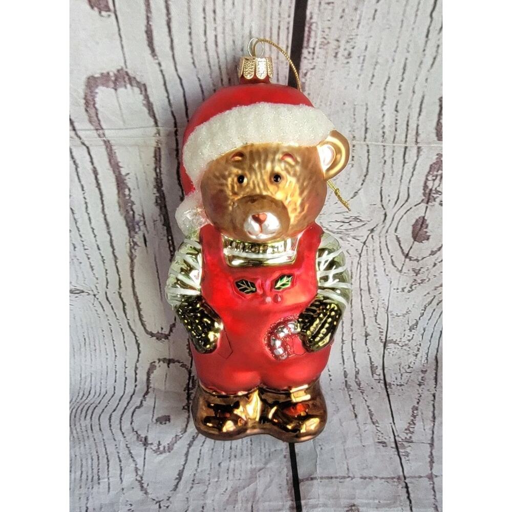 Hand Blown Glass Teddy Bear Santa Christmas Ornament 7” American Greetings